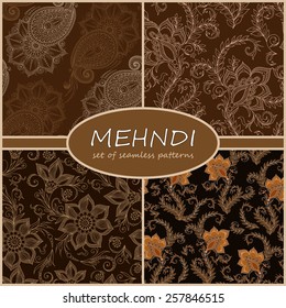 Henna Mehndi Tattoo Doodles Seamless Pattern Background Collection. Flowers Illustration Design Elements