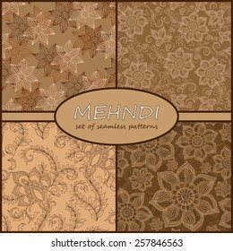 Henna Mehndi Tattoo Doodles Seamless Pattern Background Collection. Flowers Illustration Design Elements