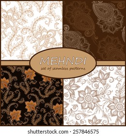 Henna Mehndi Tattoo Doodles Seamless Pattern Background Collection. Flowers Illustration Design Elements