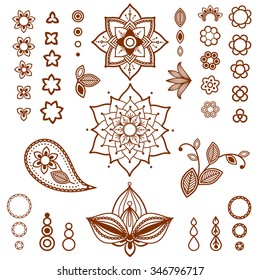 Henna ornamental floral elements. Mehndi style.
Different types of flowers, petals, buds, leaves for mehndi tattoo design.