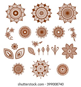 Henna ornamental floral elements. Mehndi style.
Different types of flowers and leaves for mehndi tattoo design.
