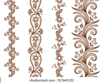 Henna ornamental seamless borders. Mehndi style.
Four floral one-color borders, vertical seamless pattern. Smartly layered.