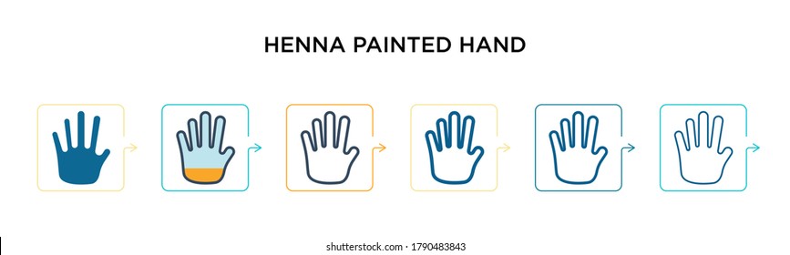 Henna painted hand vector icon in 6 different modern styles. Black, two colored henna painted hand icons designed in filled, outline, line and stroke style. Vector illustration can be used for web, 
