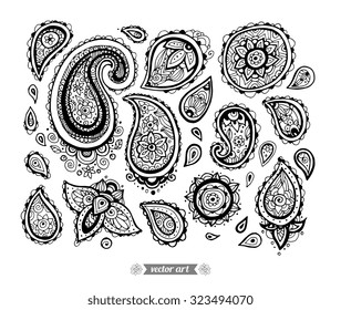 Henna paisley boho elements. Set collection.  Vector. Hand drawn artwork. Love bohemia concept for textile design, wedding invitation, card, ticket, branding, logo, label, emblem. Black and white