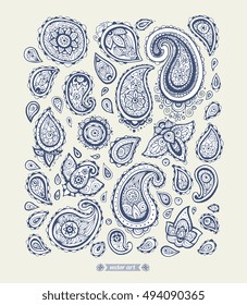 Henna paisley boho elements. Set collection. Vector. Hand drawn artwork. Love bohemia concept for textile design, wedding invitation, card, ticket, branding, logo, label, emblem. Monochrome colors