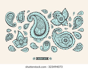 Henna paisley elements. Set collection.  Vector. Hand drawn artwork. Love bohemia concept for textile design, wedding invitation, card, ticket, branding, logo, label, emblem. Blue turquoise grey beige
