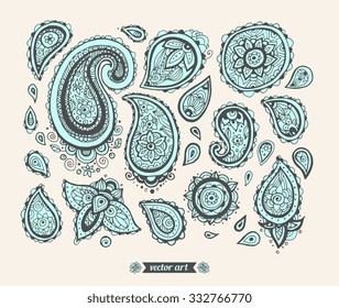 Henna paisley elements. Set collection. Vector. Hand drawn artwork. Love bohemia concept for textile design, wedding invitation, card, ticket, branding, logo, label, emblem. Blue turquoise grey beige