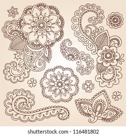 Henna Paisley Flowers Mehndi Tattoo Doodles Set- Abstract Floral Vector Illustration Design Elements