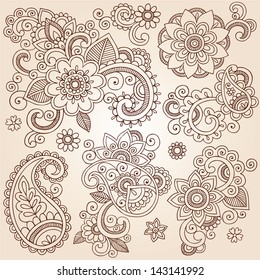 Henna Paisley Flowers Mehndi Tattoo Doodles Set- Abstract Floral Illustration Design Elements