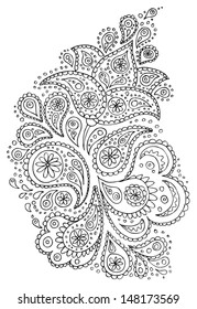 Henna Paisley Flowers Mehndi Tattoo Hand Drawn Design. Vector Illustration.