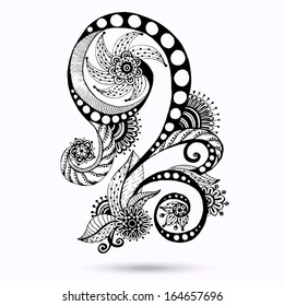Henna Paisley Mehndi Doodles Abstract Floral Vector Illustration Design Element. Black And White Version.