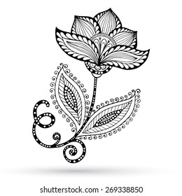 Henna Paisley Mehndi Doodles Abstract Floral Vector Illustration Design Element. Black and White version.