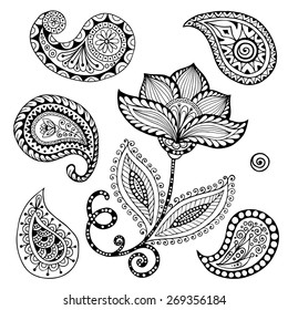 Henna Paisley Mehndi Doodles Abstract Floral Vector Illustration Design Element. Black and White version.