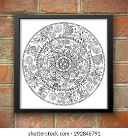 Henna Paisley Mehndi Doodles Abstract Floral Vector Illustration Design Element. Monochrom mandala in black frame on the brick wall.