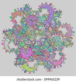 Henna Paisley Mehndi Doodles Abstract Floral Illustration Design Element. Colored Version.