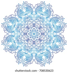 Henna pattern element mandala ornament blue. ethnic abstract meditation flower. illustration india, indian floral decorative psychedelic tattoo, mehndi. lace asian circle doodle design, petal yoga