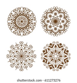 Henna tattoo brown mehndi flower template doodle ornamental lace decorative element and indian design pattern paisley arabesque mhendi embellishment vector.