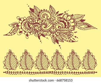 Henna tattoo brown mehndi flower doodle ornamental decorative indian design pattern paisley arabesque mhendi embellishment vector.