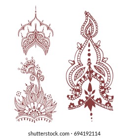 Henna tattoo brown mehndi flower doodle ornamental decorative indian design pattern paisley arabesque mhendi embellishment vector.