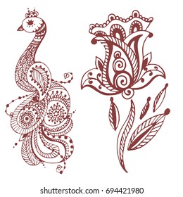 Henna tattoo brown mehndi flower doodle ornamental decorative indian design pattern paisley arabesque mhendi embellishment vector.
