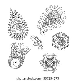 Elementos de doodle con tatuaje de henna sobre fondo blanco. Conjunto vectorial de flores Mehendi. Elementos florales abstractos de estilo indio. Comodidad étnica para textiles, tarjetas de felicitación, libro de colorantes.