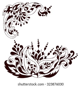 Henna tattoo doodle vector elements. Mehndi design for hands. Indian, persian and turkish paisley flowers set. Paisley pattern, oriental leaf, floral elements.