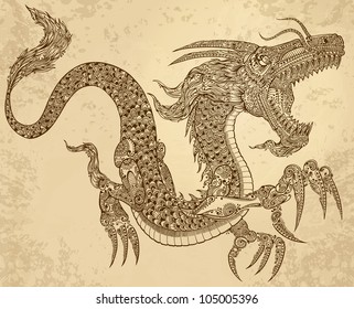 Henna Tattoo Dragon Doodle Sketch Tribal grunge Vector Illustration Art
