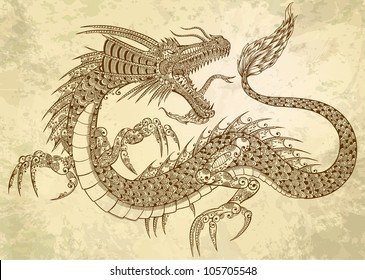 Henna Tattoo Dragon Doodle Sketch Tribal grunge Vector Illustration Art