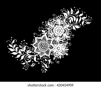 Henna Tattoo, Indian mehendi drawing, flowers and leaves, Zen pattern. Vector illustration.