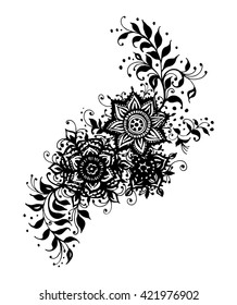 Henna Tattoo, Indian mehendi drawing, flowers and leaves, Zen pattern. Vector illustration.