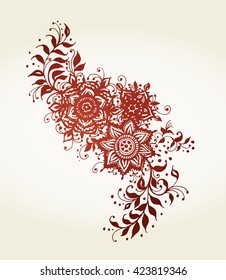 Henna Tattoo, Indian mehendi drawing, flowers and leaves, Zen pattern. Vector illustration.