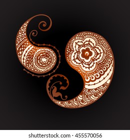 Henna Tattoo, Indian mehndi pattern, black henna, paisley, yin and yang, Zen pattern. Vector illustration.