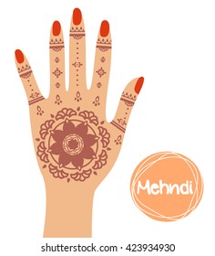 Henna tattoo. Mehndi in hand. Vector illustration