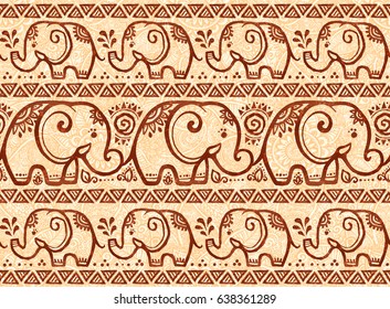 Henna tattoo mehndi style vector tiny elephants seamless pattern