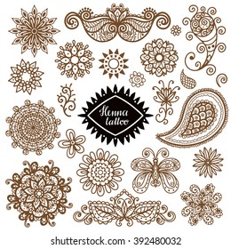 Henna tattoo, paisley set. Tribal art boho print. Indian ethnic ornaments isolated