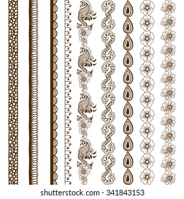 Henna tattoo seamless borders. Vector set with abstract floral elements in indian style