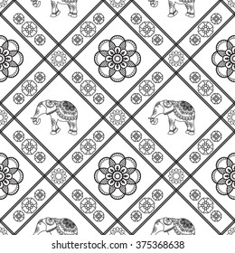 Henna tattoo seamless pattern with elephants and flowers in indian mehndi style. Vector illustration isolated on white background 
