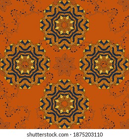 Henna tattoo style on a blue, orange and black colors. Vector ethnic Mandala ornament. Indian floral paisley medallion banners. Can be used for textile, greeting card, coloring book, phone case print.