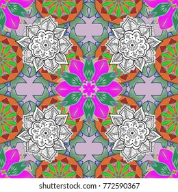Henna tattoo style on a green, white, neutral colors. Indian floral paisley medallion banners. Vector ethnic Mandala ornament. Can be used for textile, greeting card, coloring book, phone case print.