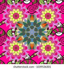 Henna tattoo style on a magenta, green, yellow colors. Indian floral paisley medallion banners. Vector ethnic Mandala ornament. Can be used for textile, greeting card, coloring book, phone case print.