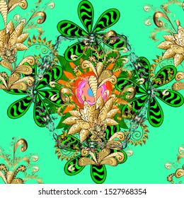 Henna tattoo style on a yellow, brown and green colors. Indian floral paisley medallion banners. Vector ethnic Mandala ornament. Can be used for textile, greeting card, coloring book, phone case print