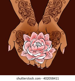 henna wedding design.Vector illustration of hands with henna tattoos on them.  Local marketing, diversity, love, wedding, celebration, invitation.