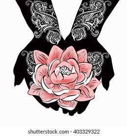 henna wedding design.Vector illustration of hands with henna tattoos on them. Local marketing, diversity, love, wedding, celebration, invitation.