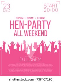 Hen-party flyer or poster design template. Night dance party, disco party background with people crowd. Vector