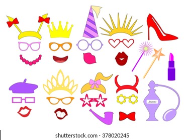 Hen-party ideas. Photo booth props and Elements for party girls. Mask template and scrapbooking vector set. Silhouettes and design elements for party props isolated on white background. 