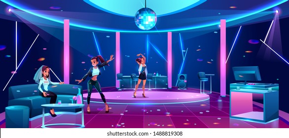 Hen-party in night club, bride or fiancee celebrating bachelorette with girl friends bridesmaids at nighttime restaurant dancing and drinking alcohol cocktails at disco bar Cartoon vector illustration