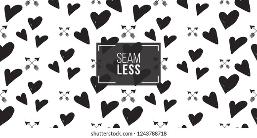 Hen-party seamless pattern with black hearts and cross arrows. Black and white illustration in hand drawn hipster style.
