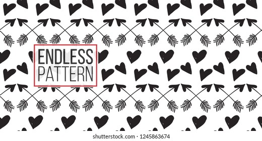 Hen-party seamless pattern with black hearts and cross arrows. Black and white illustration in hand drawn hipster style.