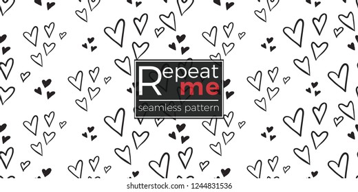 Hen-party seamless pattern with black and white hearts. Black and white heart illustration in hand drawn hipster grunge style.
