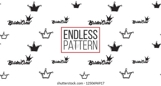 Hen-party seamless pattern with black and white crowns and brides crew crown logo. Black and white crown illustration in hand drawn hipster style.